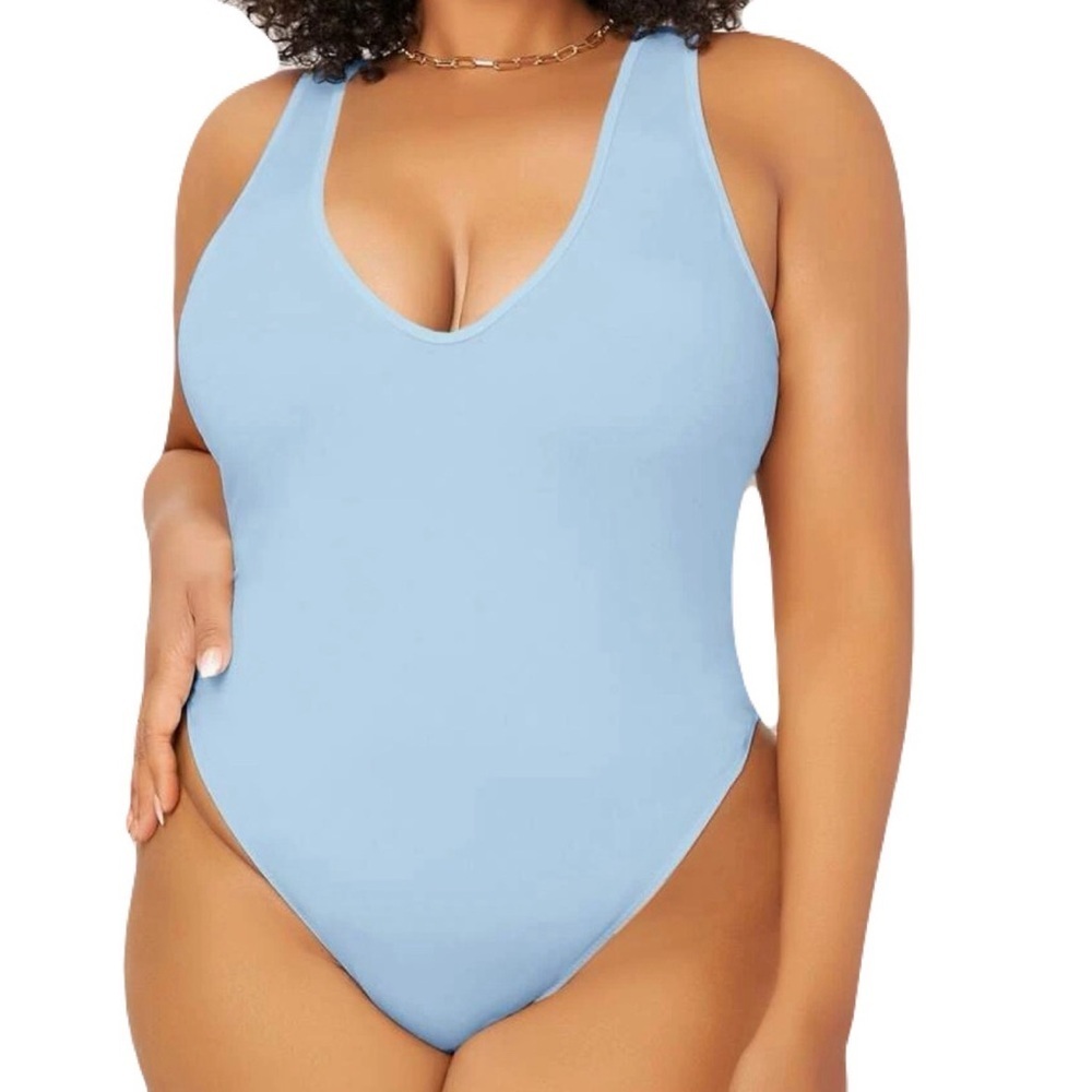 Light blue V neck basic tank top bodysuit